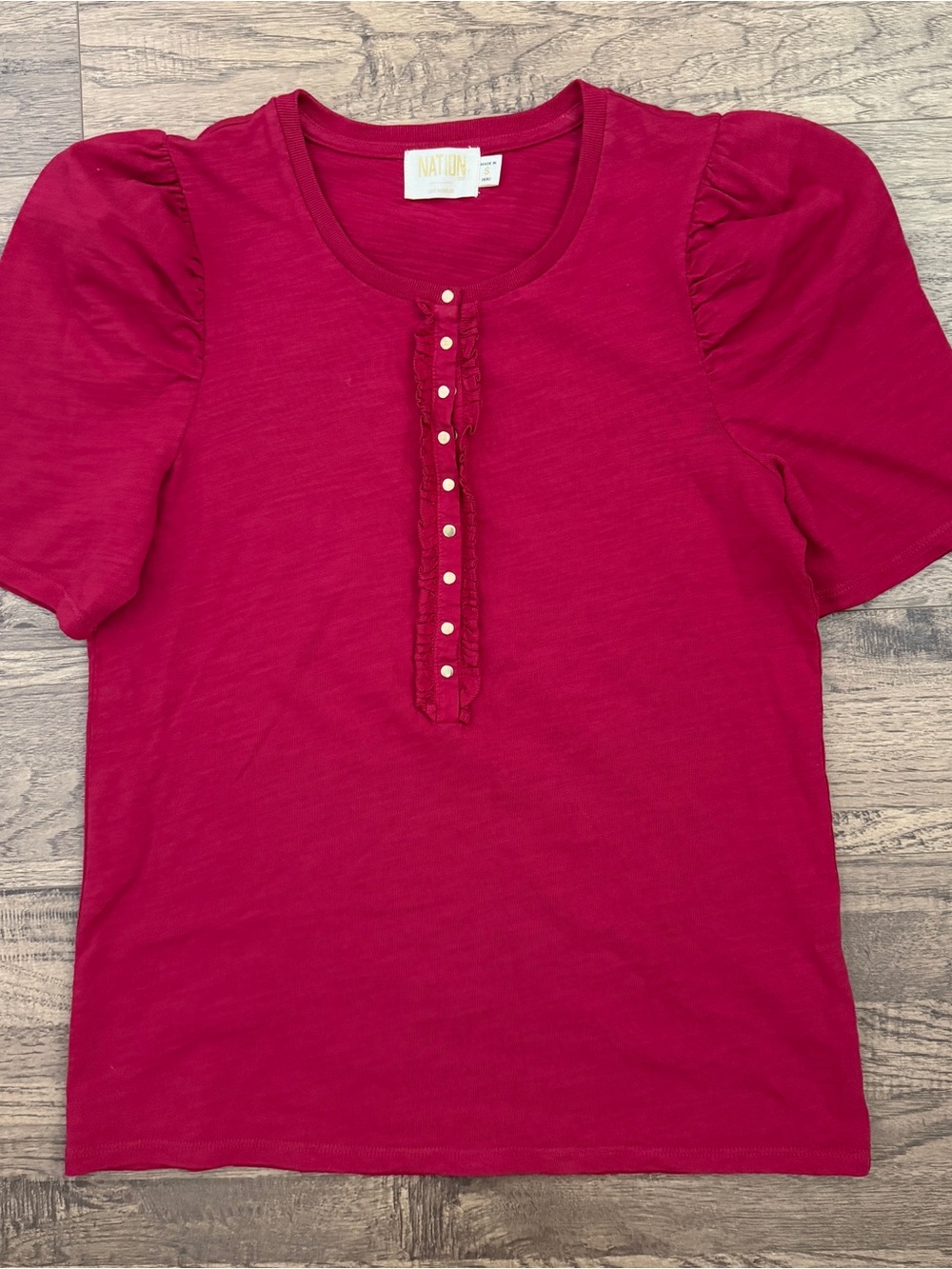 NWOT$88 Anthropologie Nation Brand Ruffle 💯 Cotton Shirt, Red, S, Small